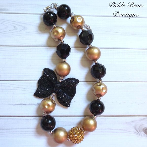 Set Collier Et Boucles D'Oreilles Perles Chunky Noir Et Doré - Neuf Sans Emballage